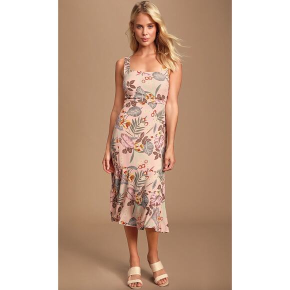 Lulus Island Sun Blush Pink‎ Tropical Print Tie-Back Midi Dress Open Back Small - Picture 1 of 9